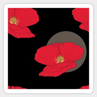 Red pop/Red and Black poppy/poppy lines/poppy flowers/wild flowers/large scale/cotton/white lines flowers/black background Sticker